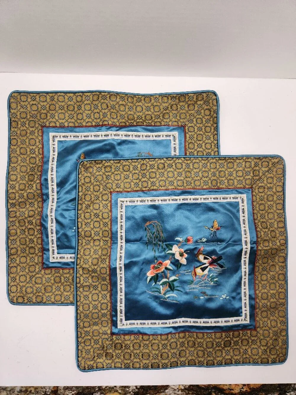 Vintage Mid-Century Chinese Hand-Embroidered 100% Silk Pillow Shams Set of 2